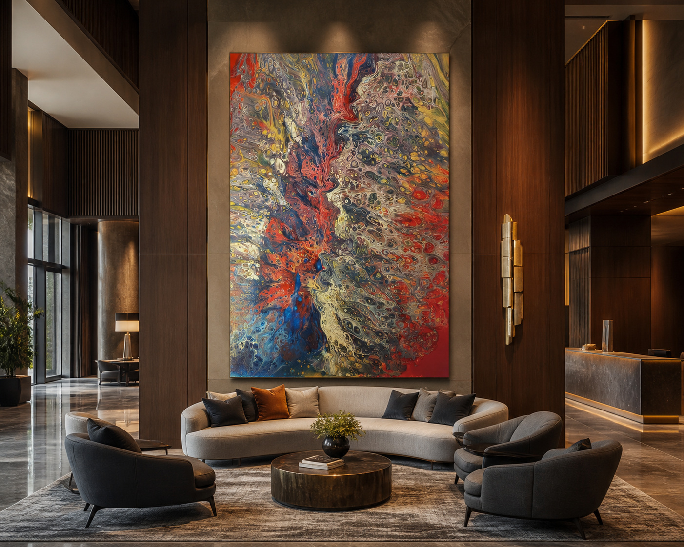 Crimson Current displayed in a hotel lobby - Acrylic painting by Chris Broussard